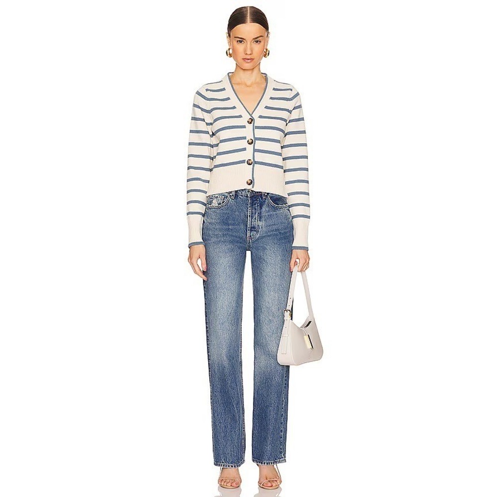 Veronica Beard Noorie Cardigan Sz Medium Ivory Blue Striped Cotton Chic Classic - Picture 4 of 16